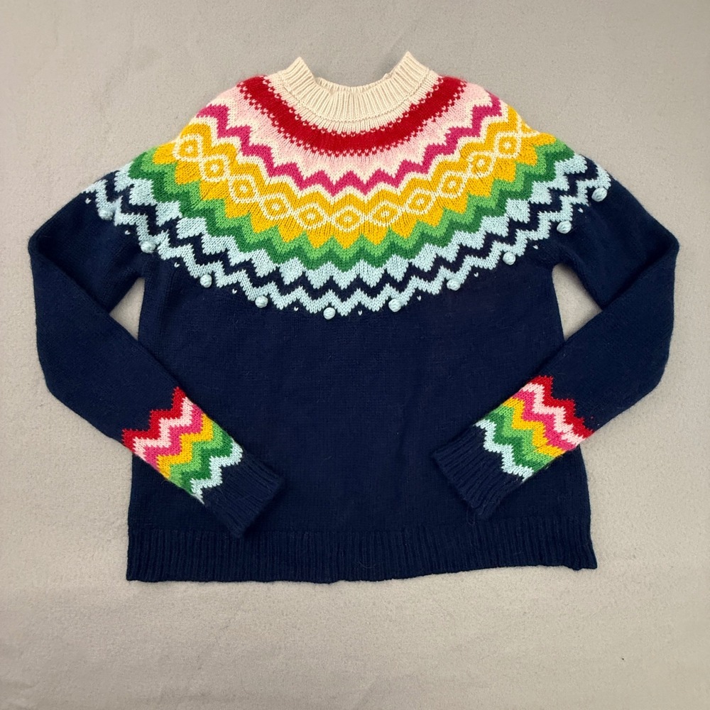 Boden Emma Fair Isle Sweater Womens 8 Navy Rainbow Bobble Knit Yoke Wool Blend